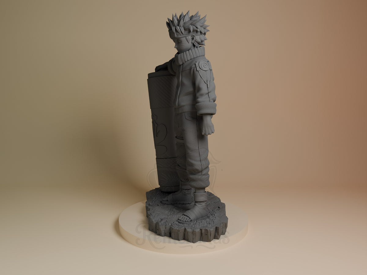 Whirlpool Shinobi resin figure shown in profile, displaying spiky hair, detailed jacket with spiral emblem, and textured base against neutral background.