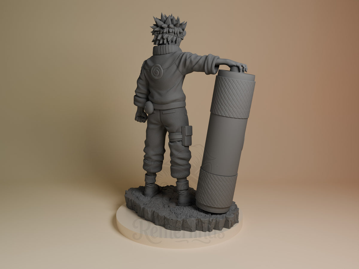 Whirlpool Shinobi resin figure shown from behind, standing on rocky base with large cylindrical object, unpainted gray finish.