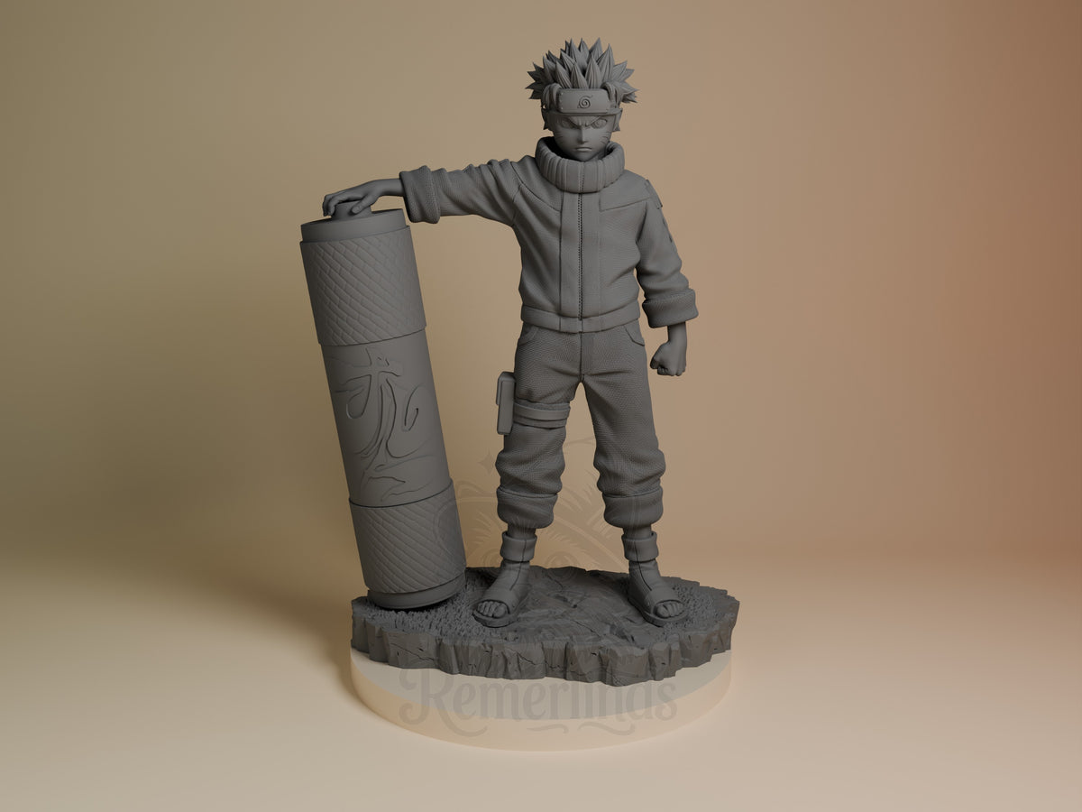 Whirlpool Shinobi resin figure from Naruto stands on textured base holding large cylindrical scroll, unpainted gray polymer, front view.