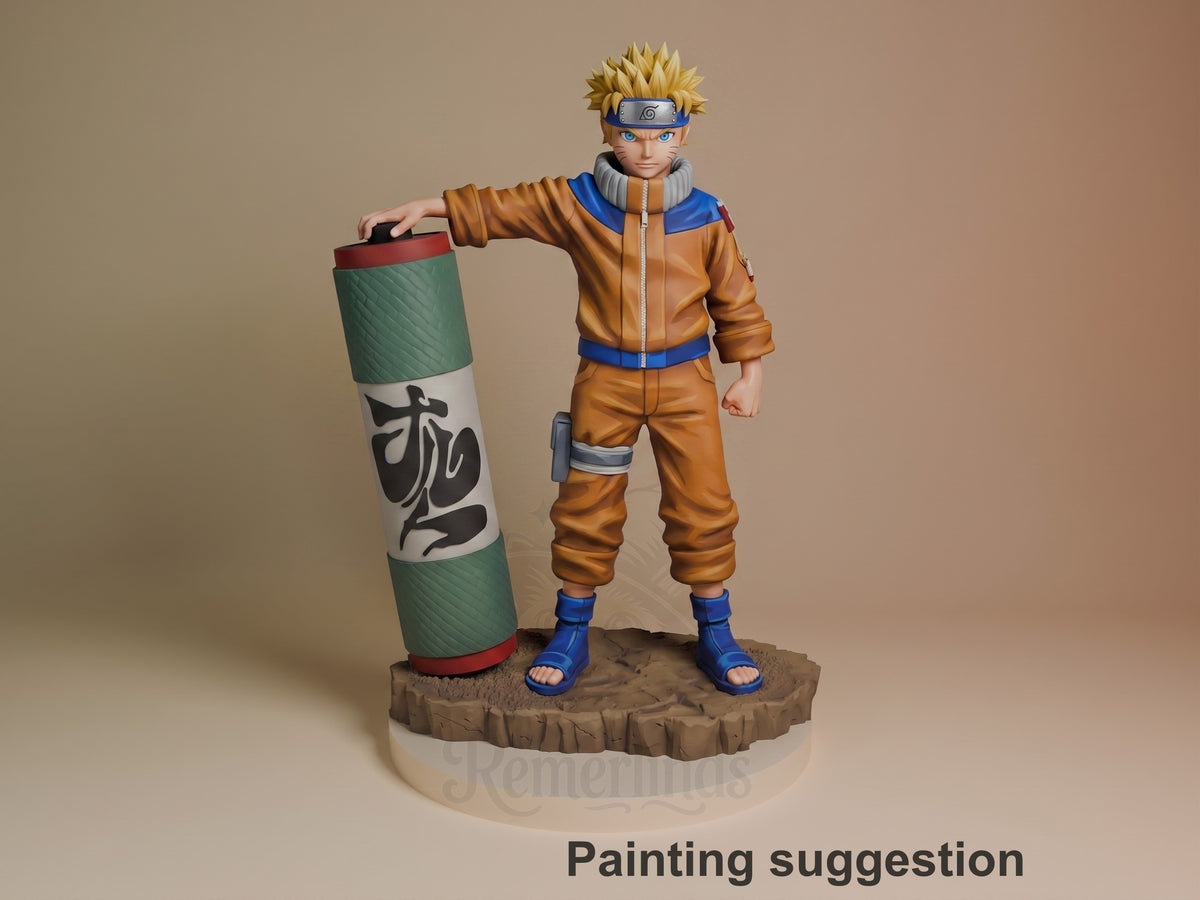 Naruto Uzumaki resin figure standing on wooden base, hand on giant scrolls, wearing orange and blue outfit with headband, painted example.