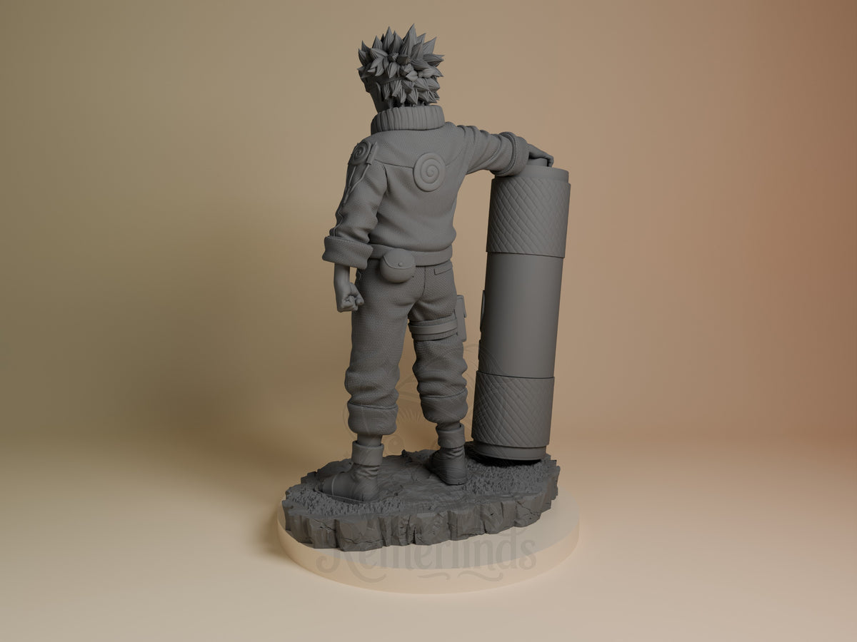 Whirlpool Shinobi resin figure shown from behind, standing on textured base with cylindrical prop, unpainted gray detail.