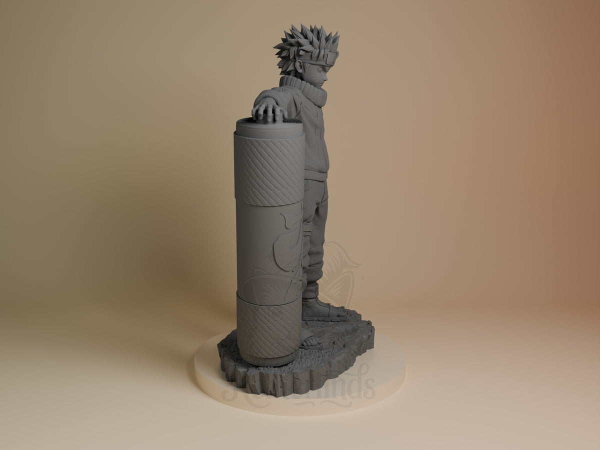 Whirlpool Shinobi resin figure from Naruto shown in right profile, standing beside cylindrical scroll prop, unpainted grey finish, textured base.