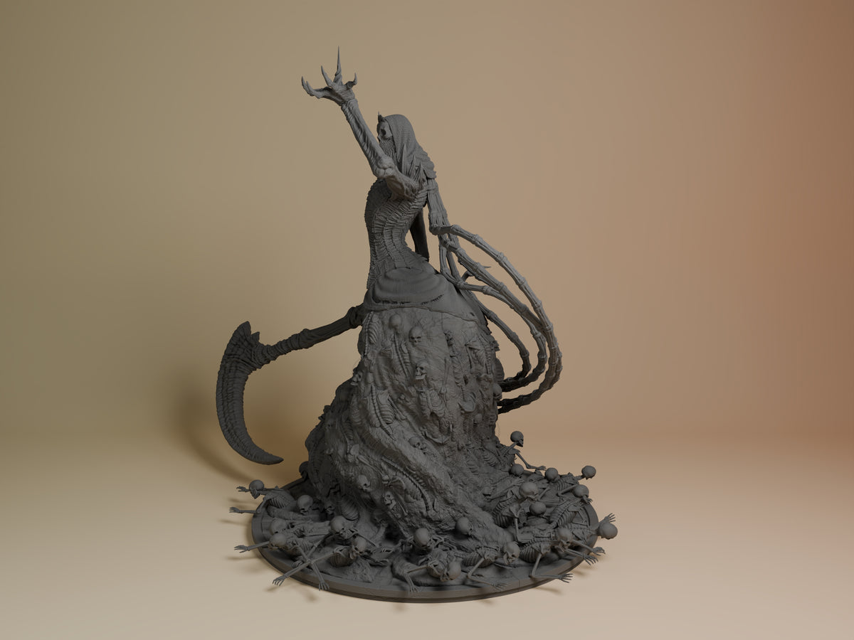 Nashadara resin figure from Dark Souls shown at angle, unpainted gray resin, posed atop rocky base with surrounding rat sculptures, arm raised with staff.