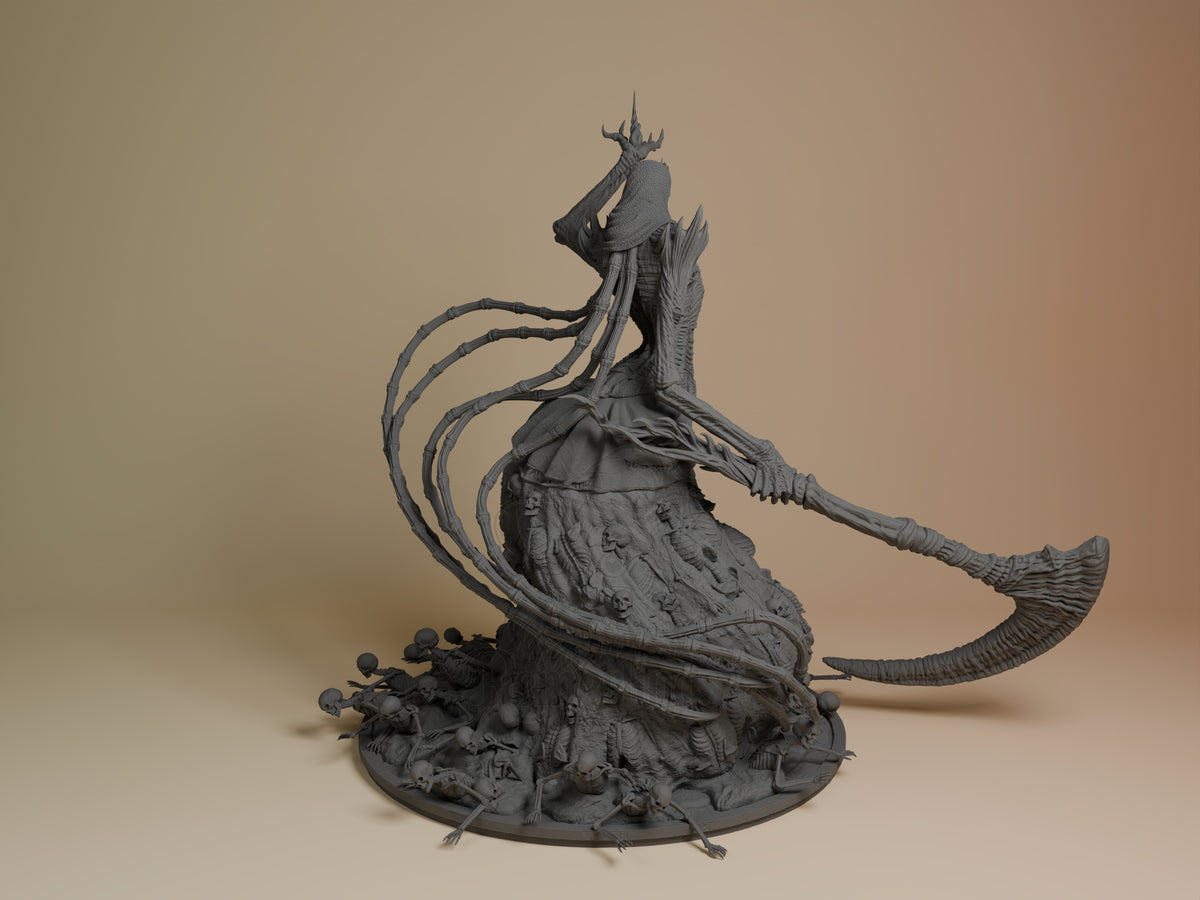 Nashadara resin figure from Dark Souls shown from back angle, displaying unpainted gray details of curved tentacles, horned crown, and decorative base with small figures.