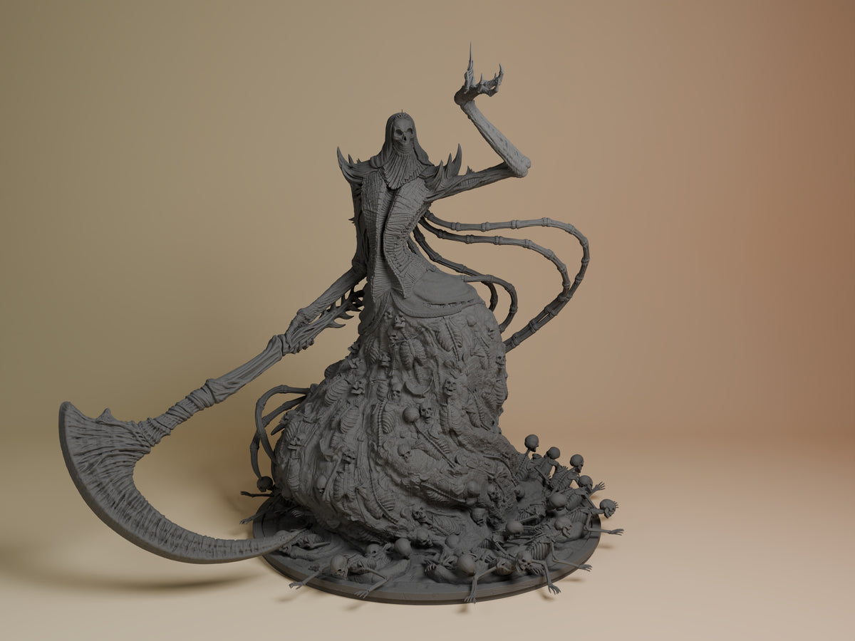Nashadara resin figure from Dark Souls displayed front-facing, unpainted gray, showing detailed tentacle base with smaller figures, wielding staff and claw weapon.