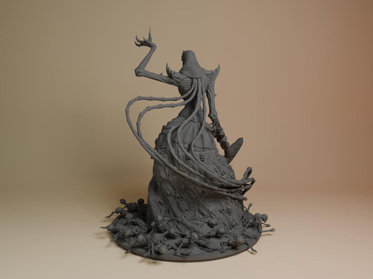 Nashadara resin figure from Dark Souls, unpainted gray, shown from left angle with extended arm pose and flowing robes on detailed base with surrounding figures.