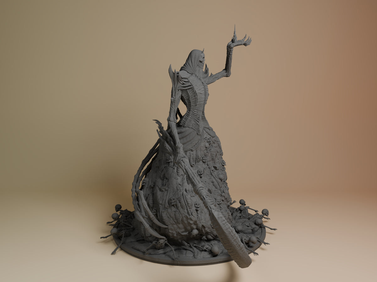 Nashadara resin figure from Dark Souls shown from the right, unpainted gray, standing on base with smaller figures, arm raised with clawed hand.