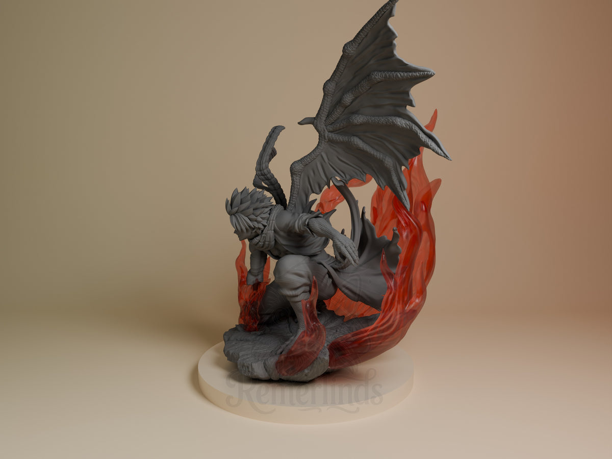 Natsu Dragneel from Fairy Tail is a side-angle resin figure, crouched with wings on a sculpted base.