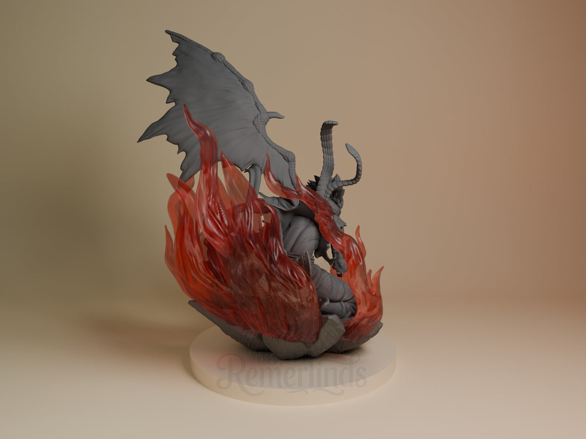 Back view of Natsu Dragneel from Fairy Tail, a resin figure with unpainted wings and painted flames.