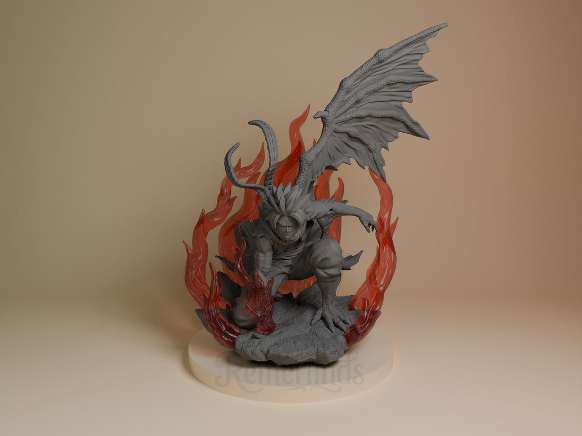Front view shows Natsu Dragneel from Fairy Tail as an unpainted gray resin figure, crouching amid flames on a rocky base.