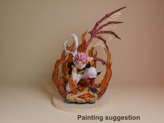 Painted Natsu Dragneel from Fairy Tail crouches on a sculpted flame base, a resin figure.