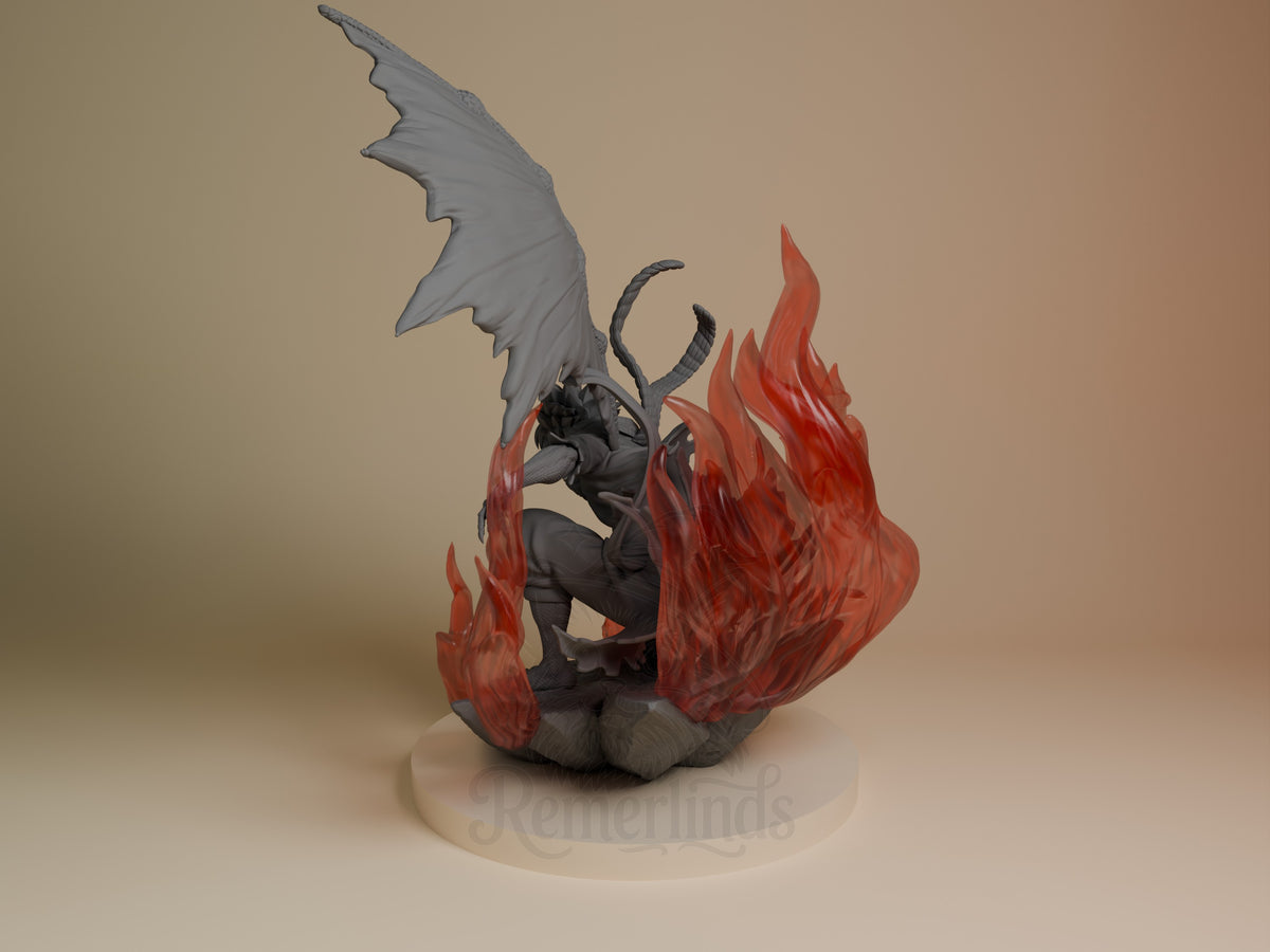 Natsu Dragneel from Fairy Tail crouches amid red flames on an unpainted winged base resin figure.