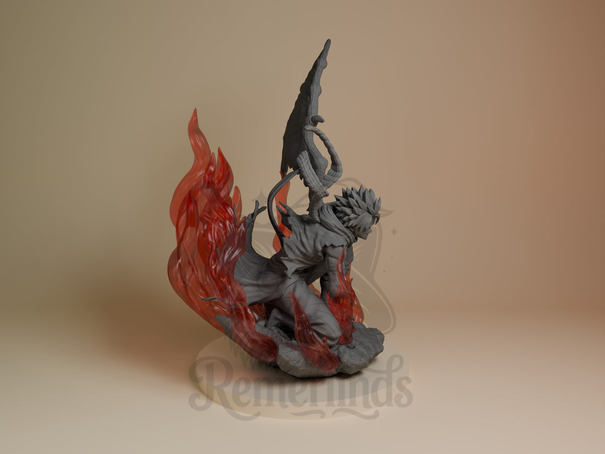 Right view shows Natsu Dragneel of Fairy Tail crouching on a rocky base; red flames are painted, figure unpainted resin.