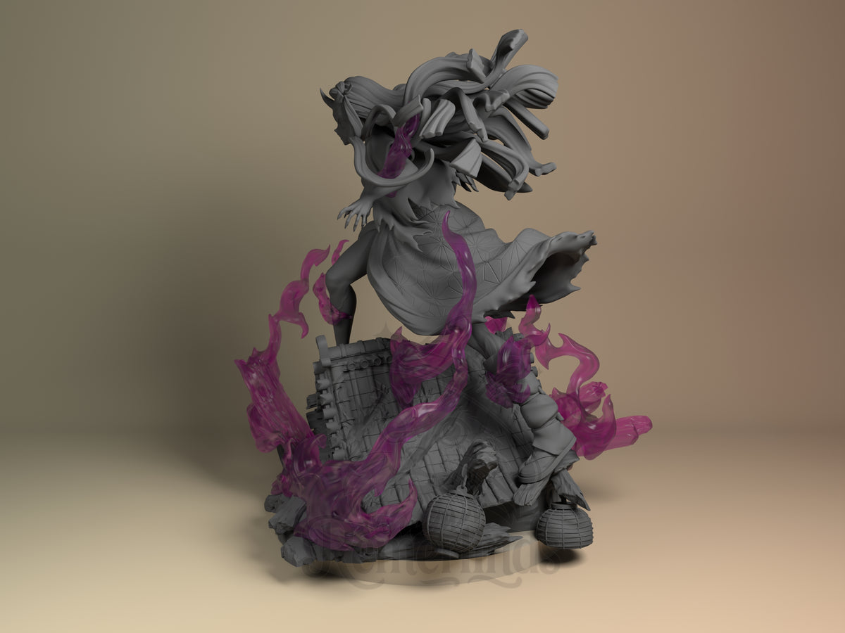Angled view shows Nezuko from Demon Slayer, a gray unpainted resin figure with purple flames on a sculpted base.