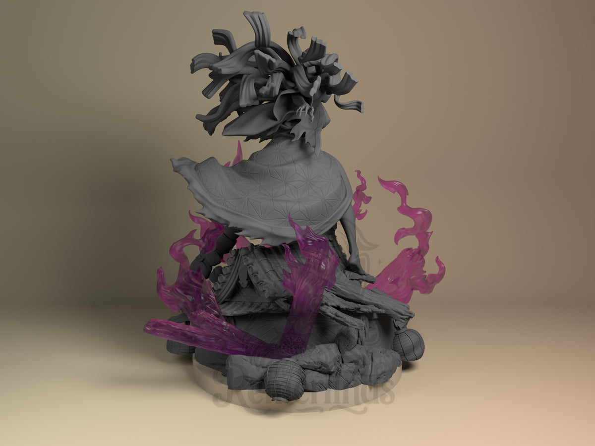 Back view of Nezuko from Demon Slayer, an unpainted resin figure with flowing hair and flame base.