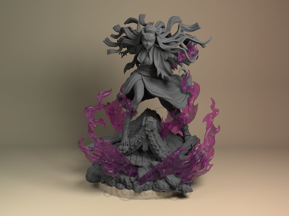 Front view shows Nezuko from Demon Slayer, a mostly unpainted resin figure with flowing hair, one raised leg, and a sculpted.