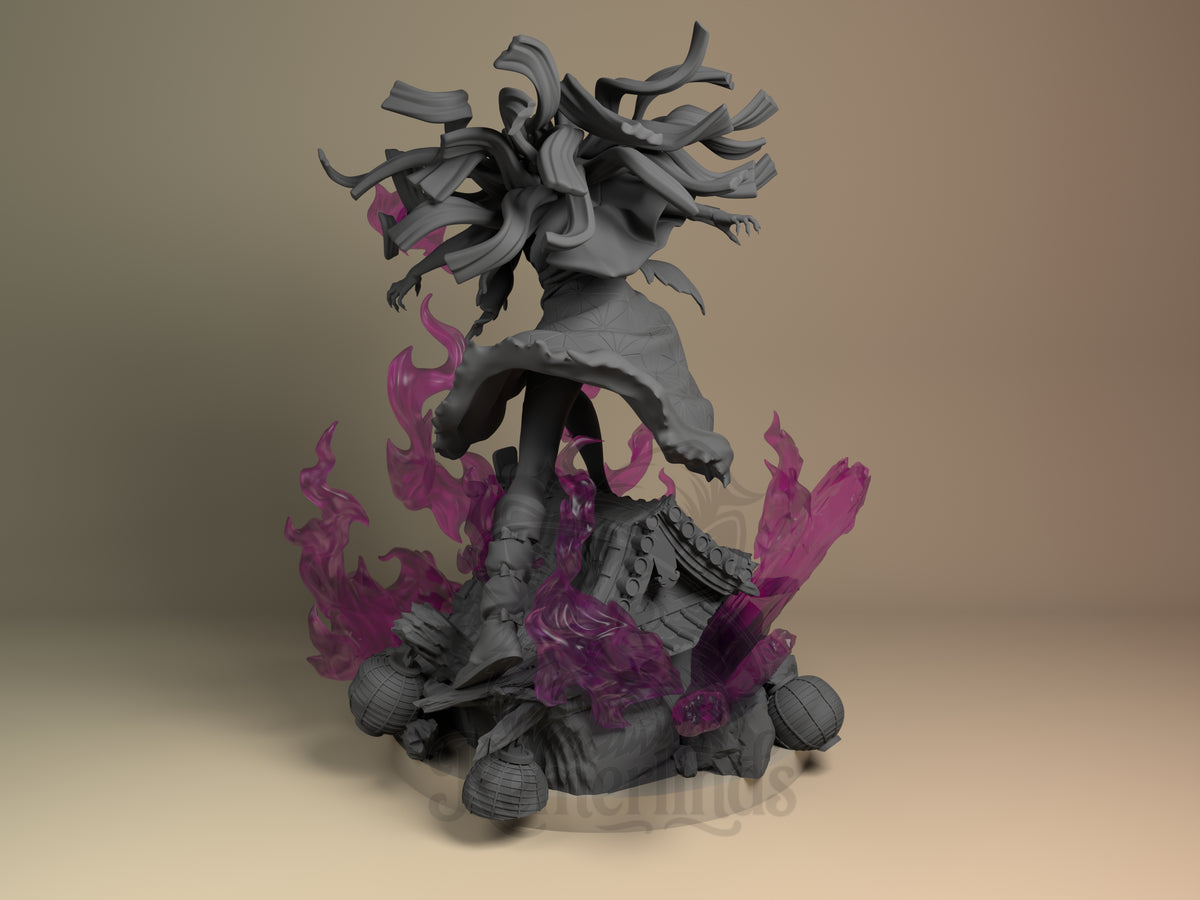 Left-angle Nezuko from Demon Slayer resin figure with flowing hair and raised arms on a sculpted flame base.