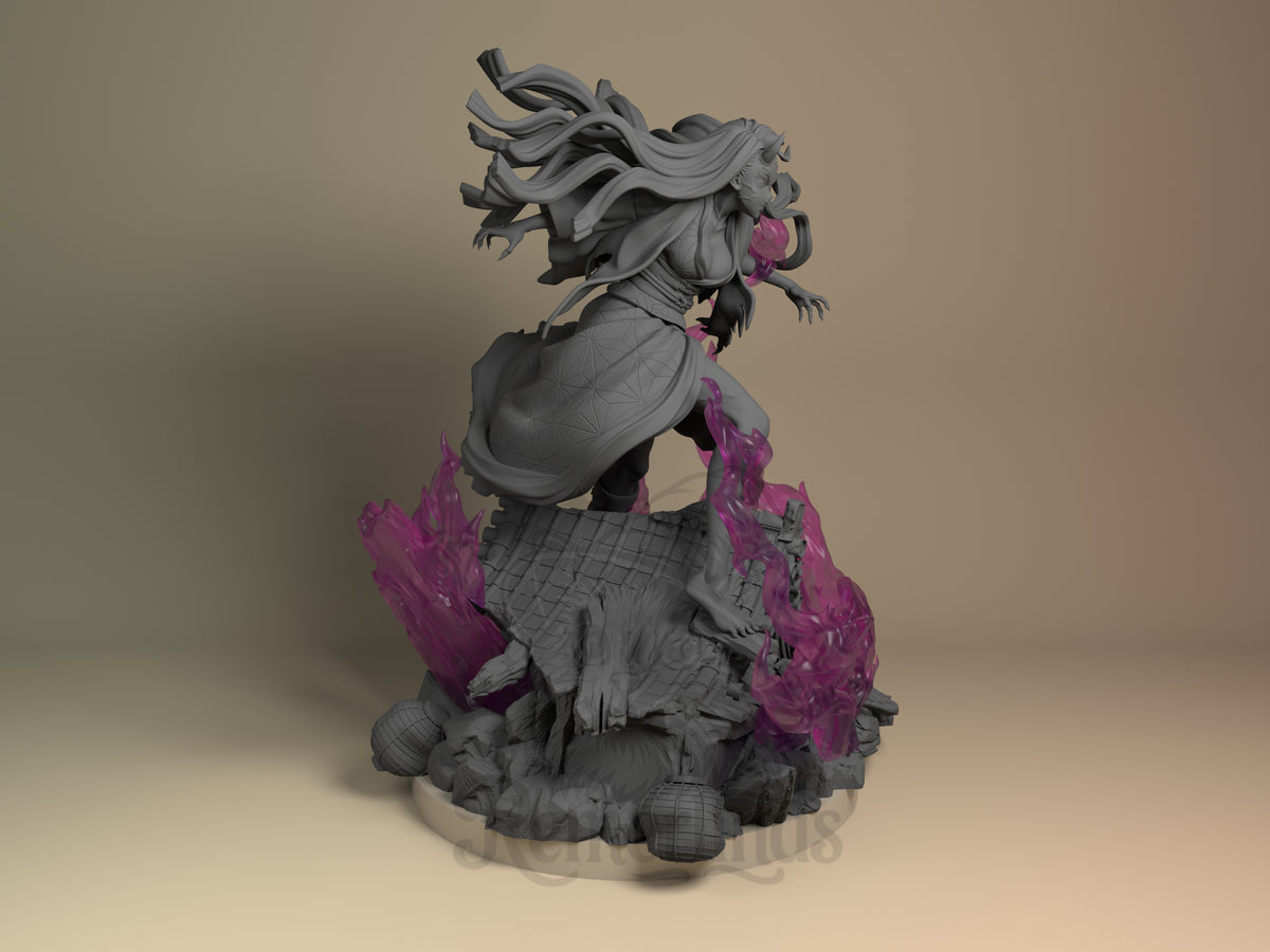 Nezuko from Demon Slayer appears right-side as a resin figure, mostly unpainted, with pink effects on a sculpted base.