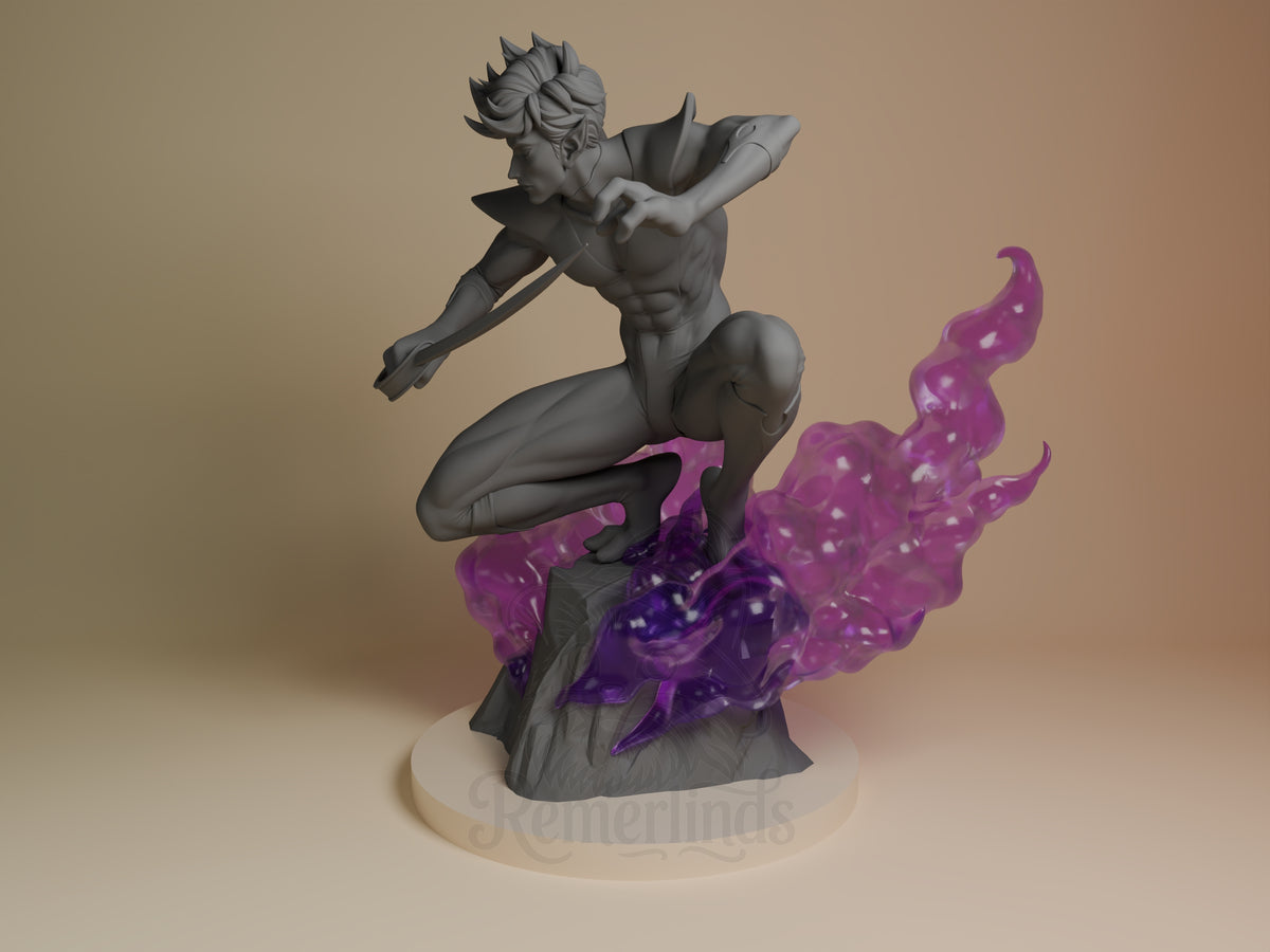 Angled Shadow Leaper from Xmen resin figure kneels on a sculpted base, shown unpainted.
