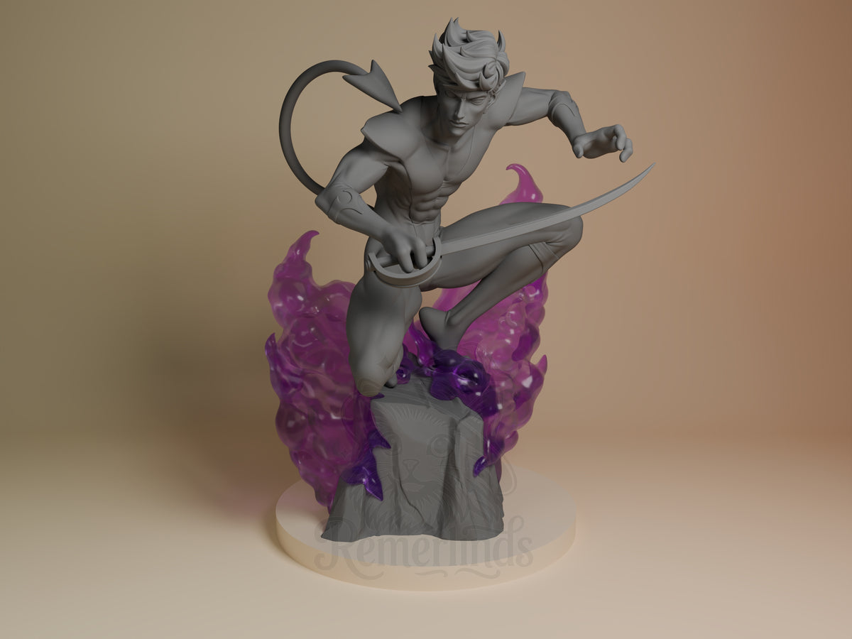 Front view of Shadow Leaper from Xmen, an unpainted gray resin figure with sword and purple base.