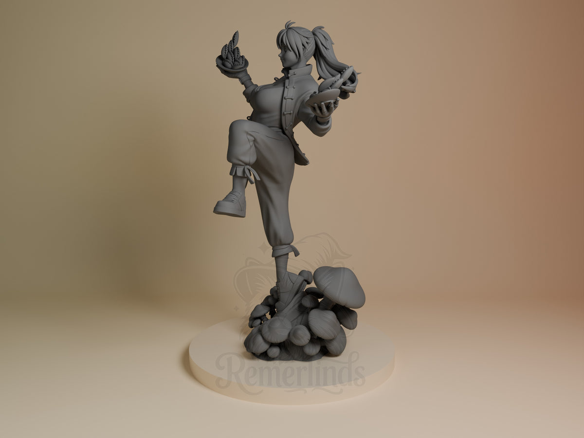 Nikaido from Dorohedoro appears in a three-quarter pose as an unpainted resin figure on a sculpted mushroom base.