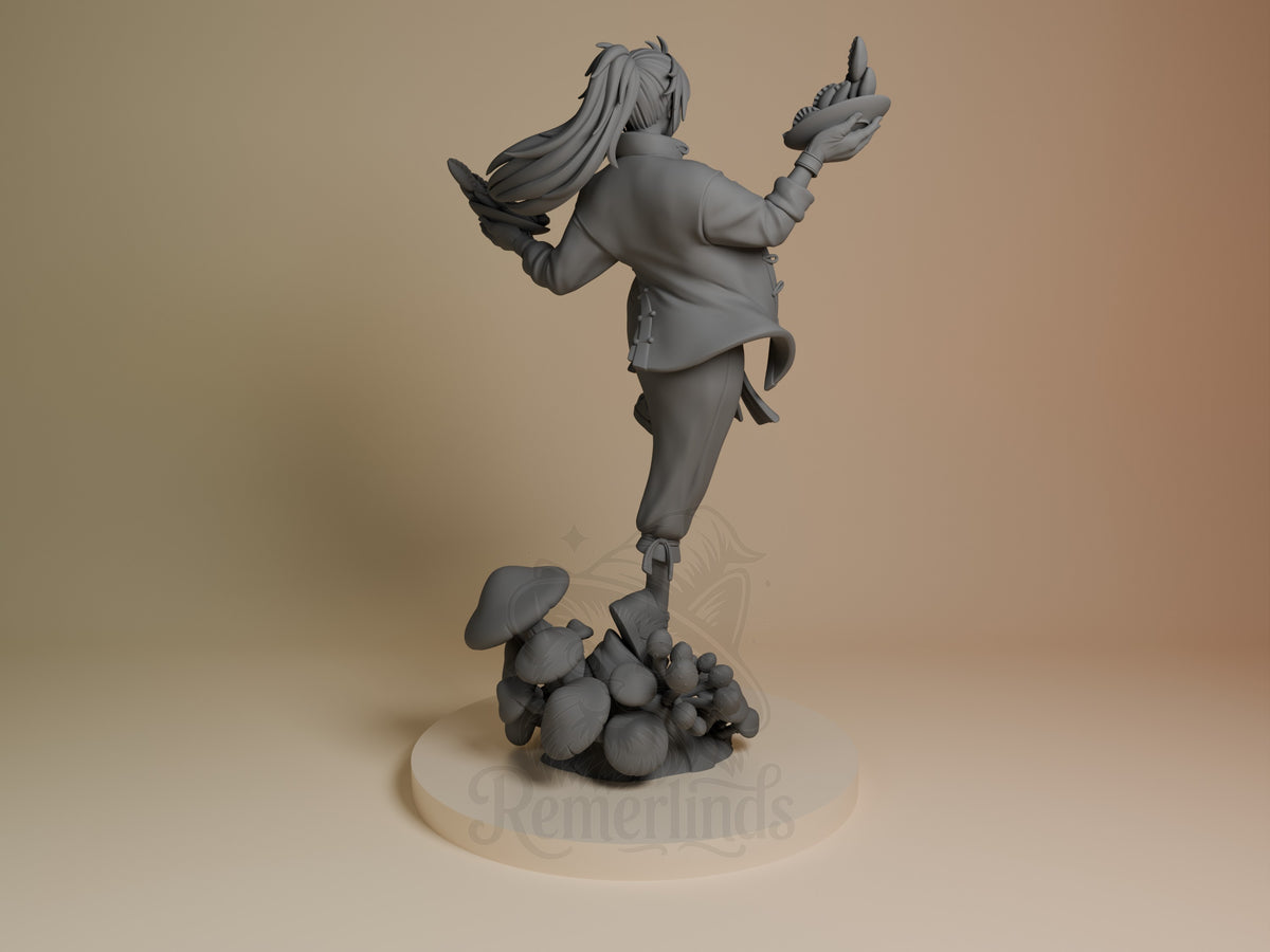 Nikaido from Dorohedoro is shown from behind as a gray, unpainted resin figure on a mushroom base.