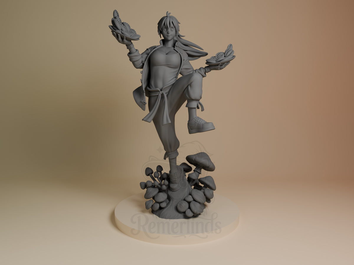 Front view of unpainted Nikaido resin figure from Dorohedoro, balancing on a mushroom base.