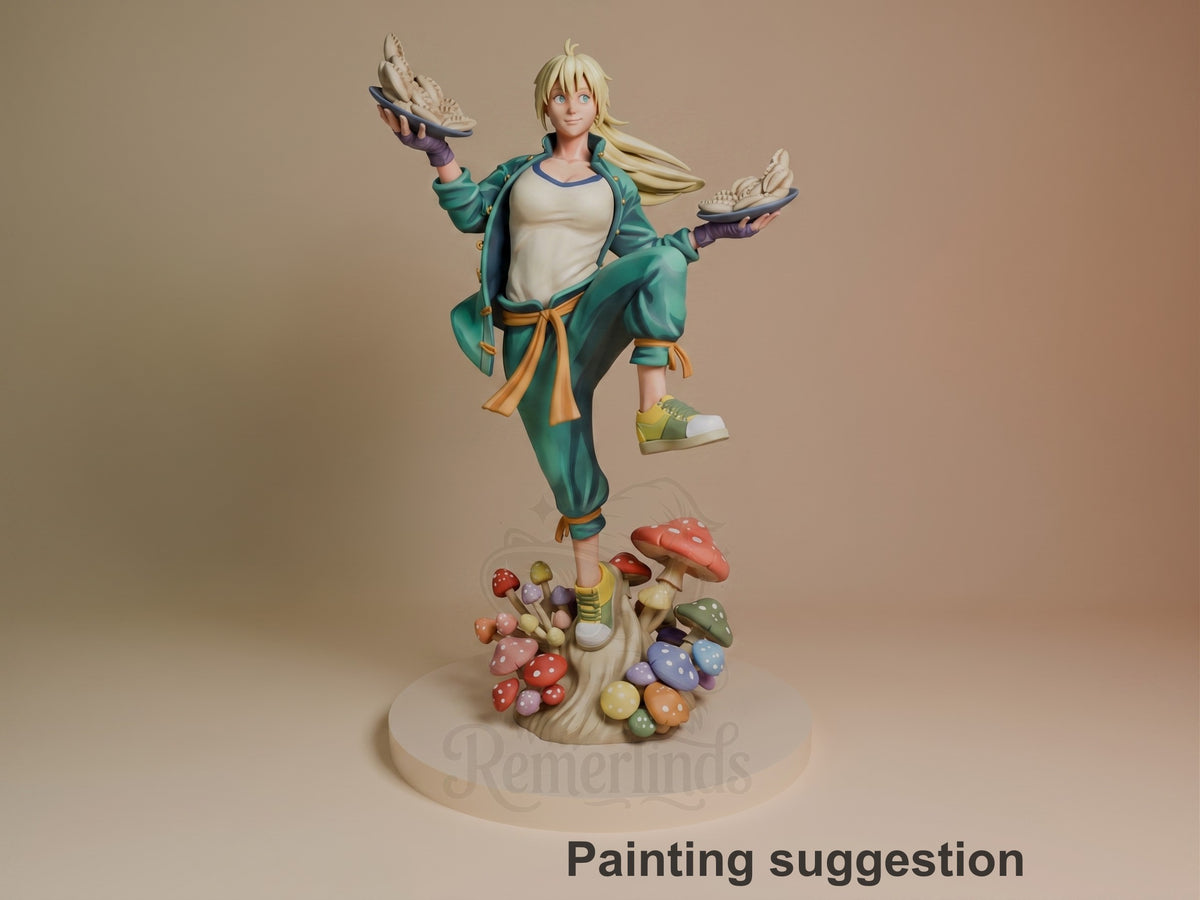 Painted Nikaido from Dorohedoro resin figure balances on a mushroom base, holding two trays.