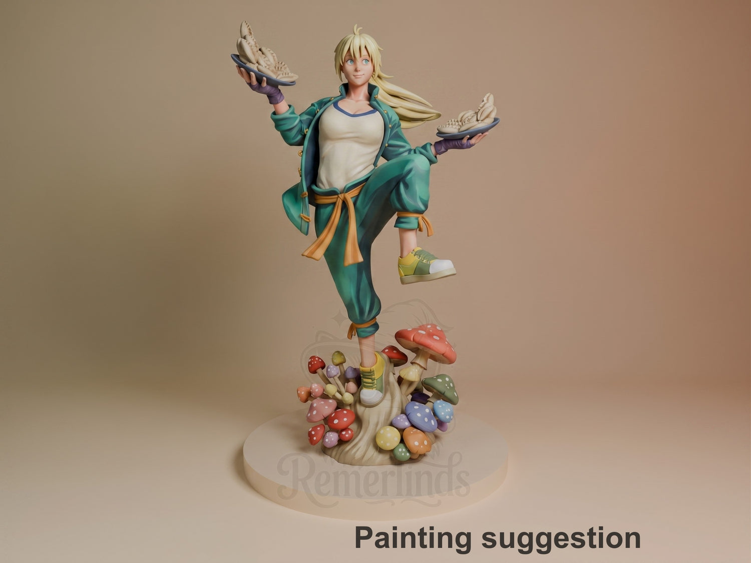 Painted Nikaido from Dorohedoro resin figure balances on a mushroom base, holding two trays.