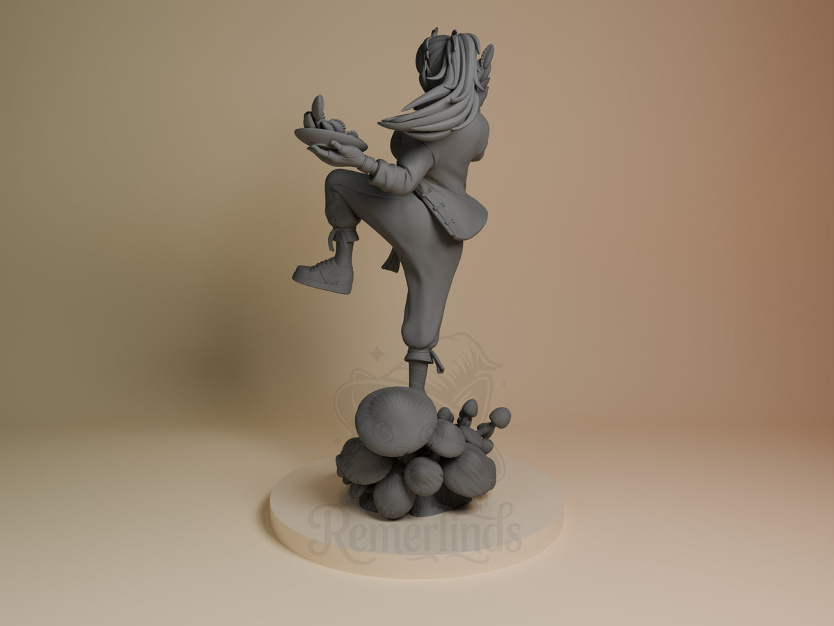 Nikaido from Dorohedoro, an unpainted resin figure viewed from the rear-left, balancing on a sculpted base.