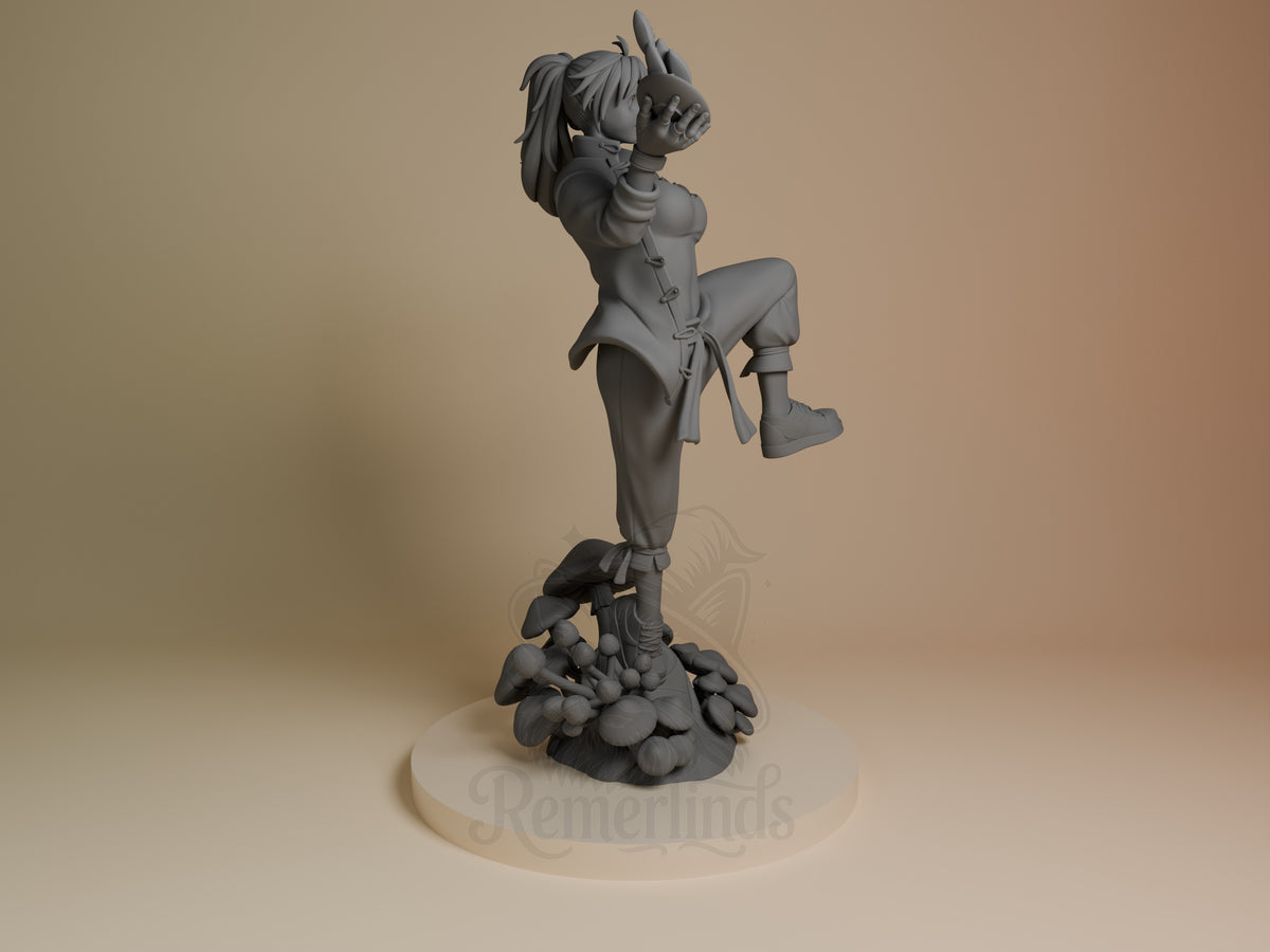 Right-side view of Nikaido from Dorohedoro as an unpainted resin figure balancing on a sculpted base.