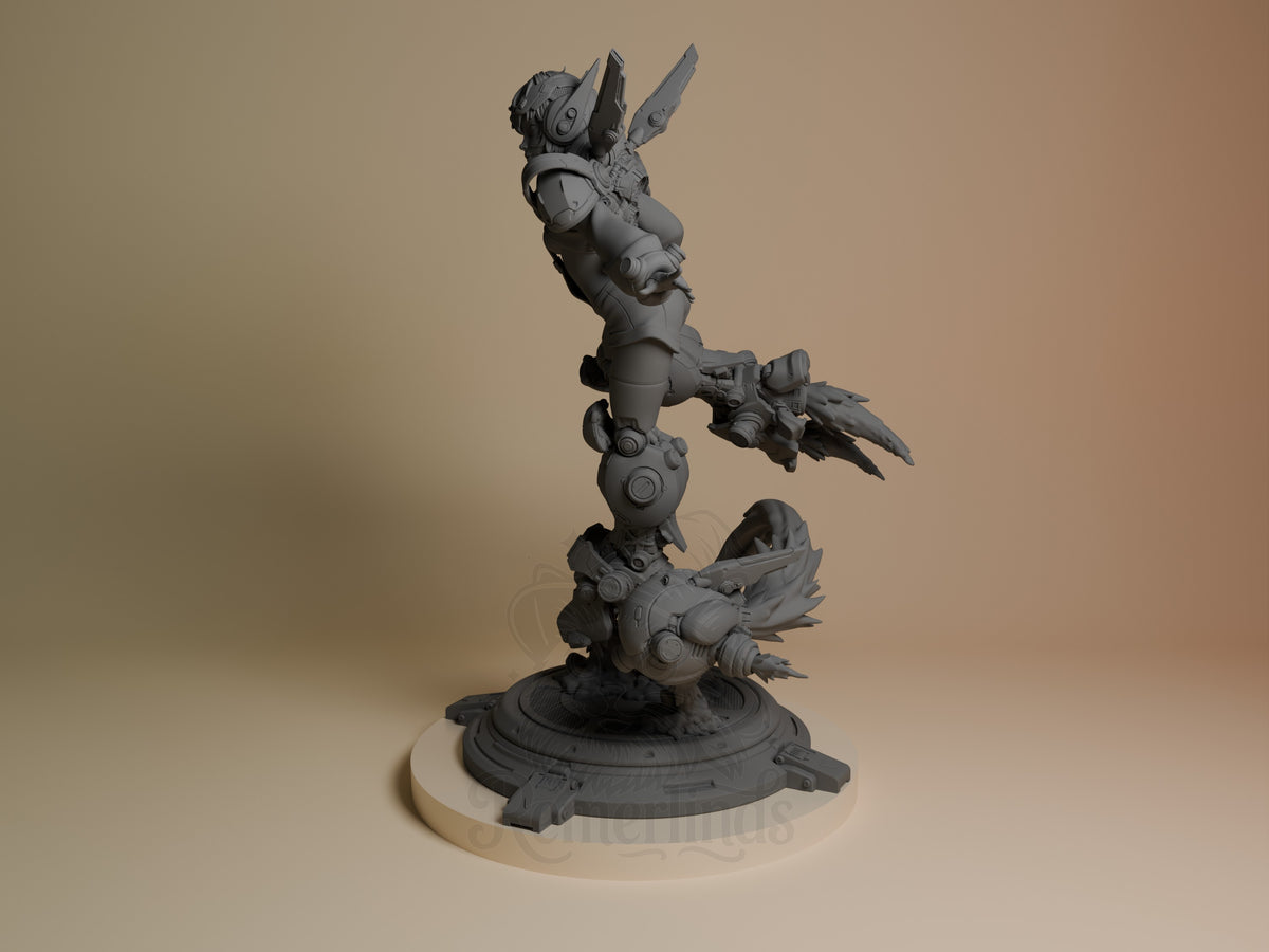 Stacked resin figure of Nillai and BBlue from Original Art, unpainted gray, shown at angle with articulated bodies and organic base details.