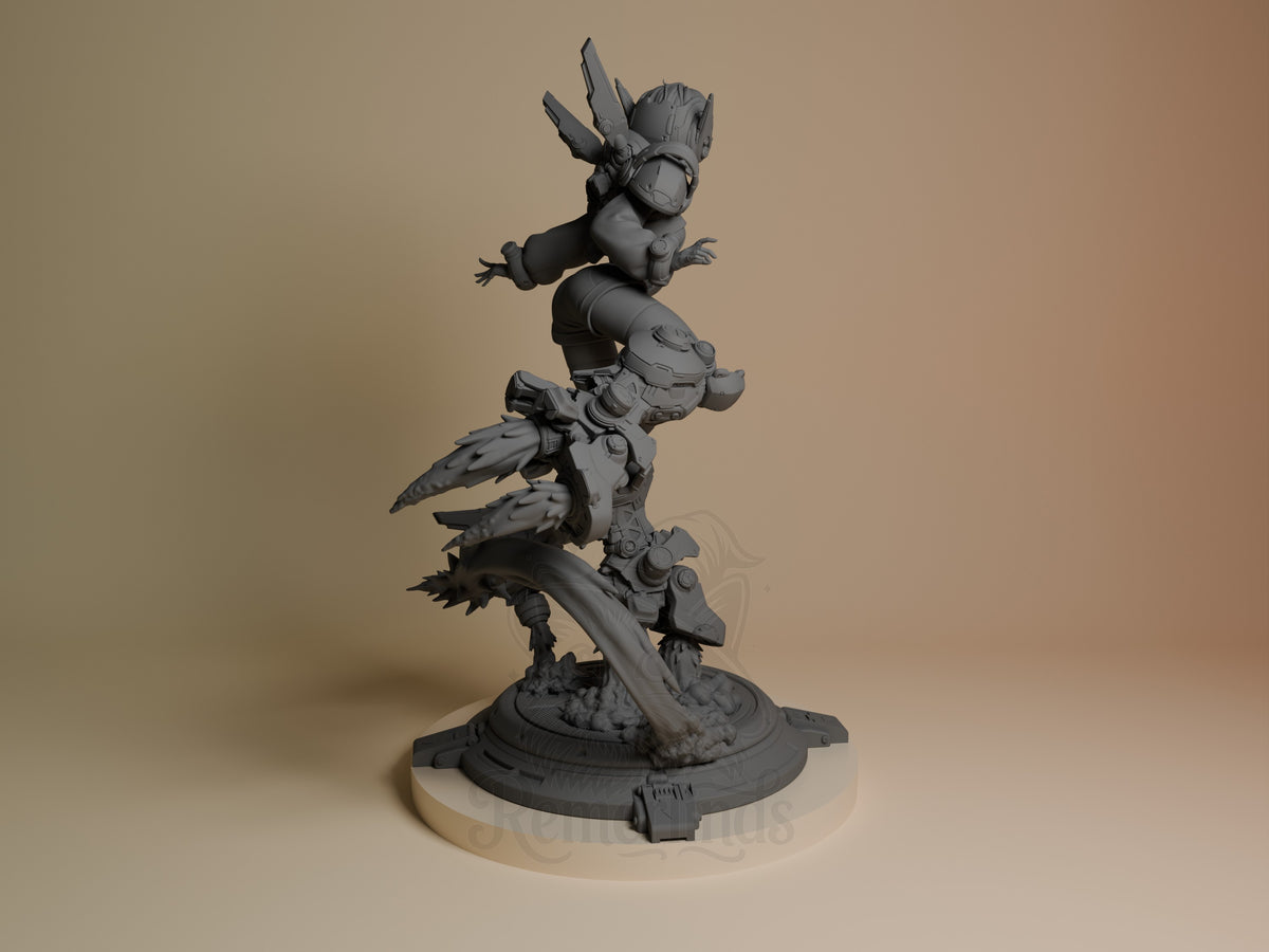 Nillai and BBlue resin figure shown from back view, unpainted gray, stacked dynamic pose on detailed base, CA3D Studios.