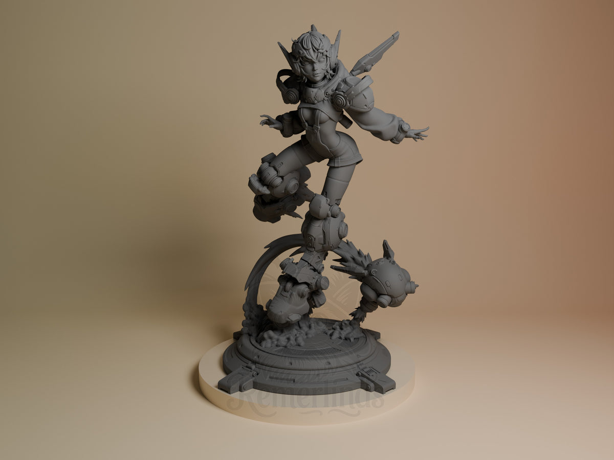Nillai and BBlue resin figure from front, showing unpainted gray character standing on creature base with weapons raised in dynamic pose.