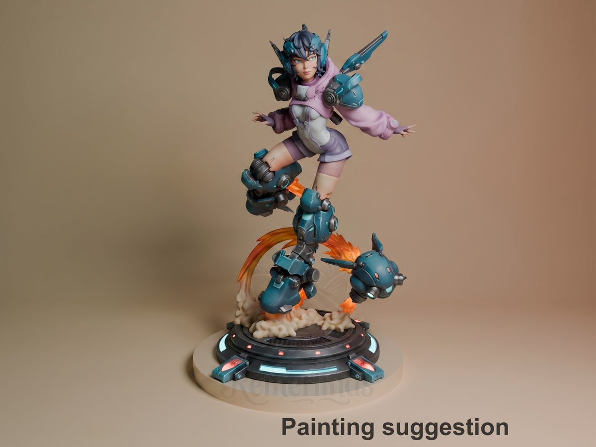 Nillai and BBlue painted resin figure on futuristic base, character posed dynamically with dual weapons, teal and pink color scheme, detailed armor and companion creature.