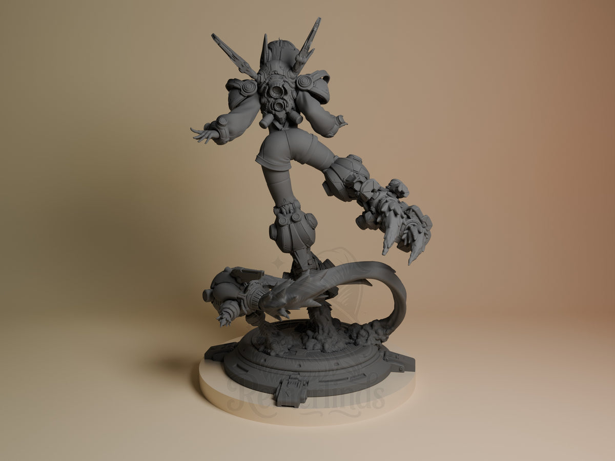Nillai and BBlue unpainted resin figure from Original Art, shown from left angle standing on circular base with creature companion below.