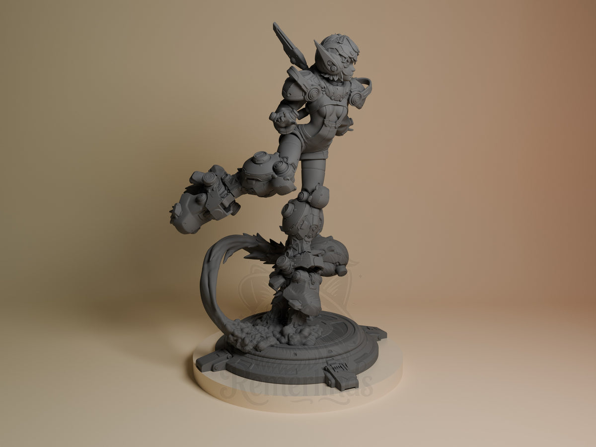 Nillai and BBlue resin figure from Original Art, shown from right angle in unpainted gray resin with dynamic stacked pose on detailed base with tail element.