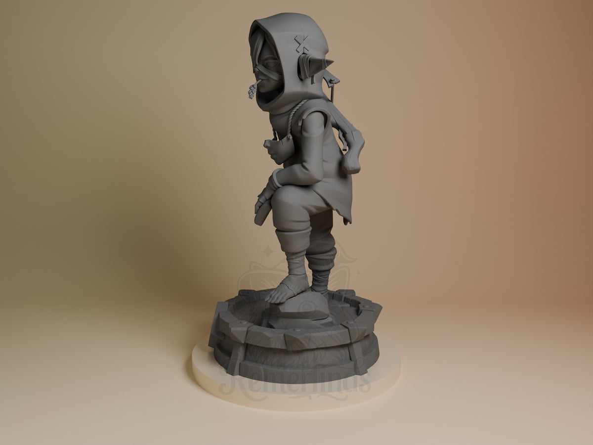 Nott from The Mighty Nein is shown in side angle as an unpainted resin figure on a sculpted base.