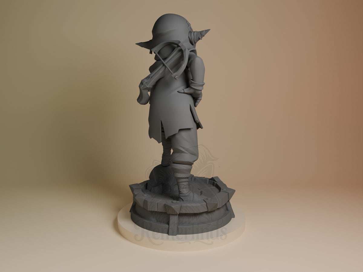 Back view of Nott from The Mighty Nein, an unpainted resin figure with a sword and sculpted base.