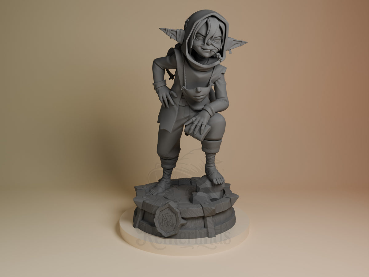Nott from The Mighty Nein is a front-view, unpainted resin figure crouching on sculpted base.