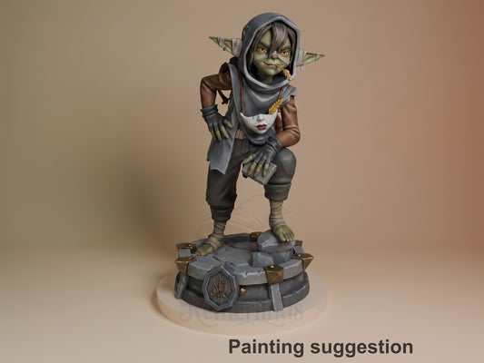 Painted Nott from The Mighty Nein resin figure crouches with hood and gloves on a rocky sculpted base.