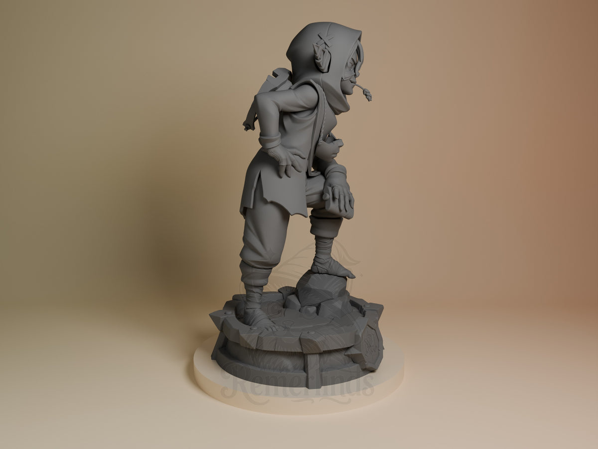 Nott from The Mighty Nein is an unpainted resin figure in right profile, crouching on a rock base.