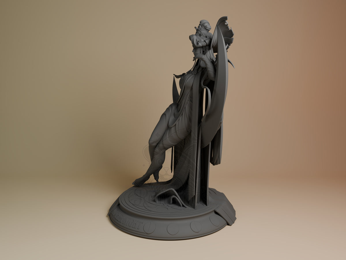 Nyx from Hades resin figure shown from side angle, unpainted gray, posed climbing a tall monument with flowing robes, circular decorative base.
