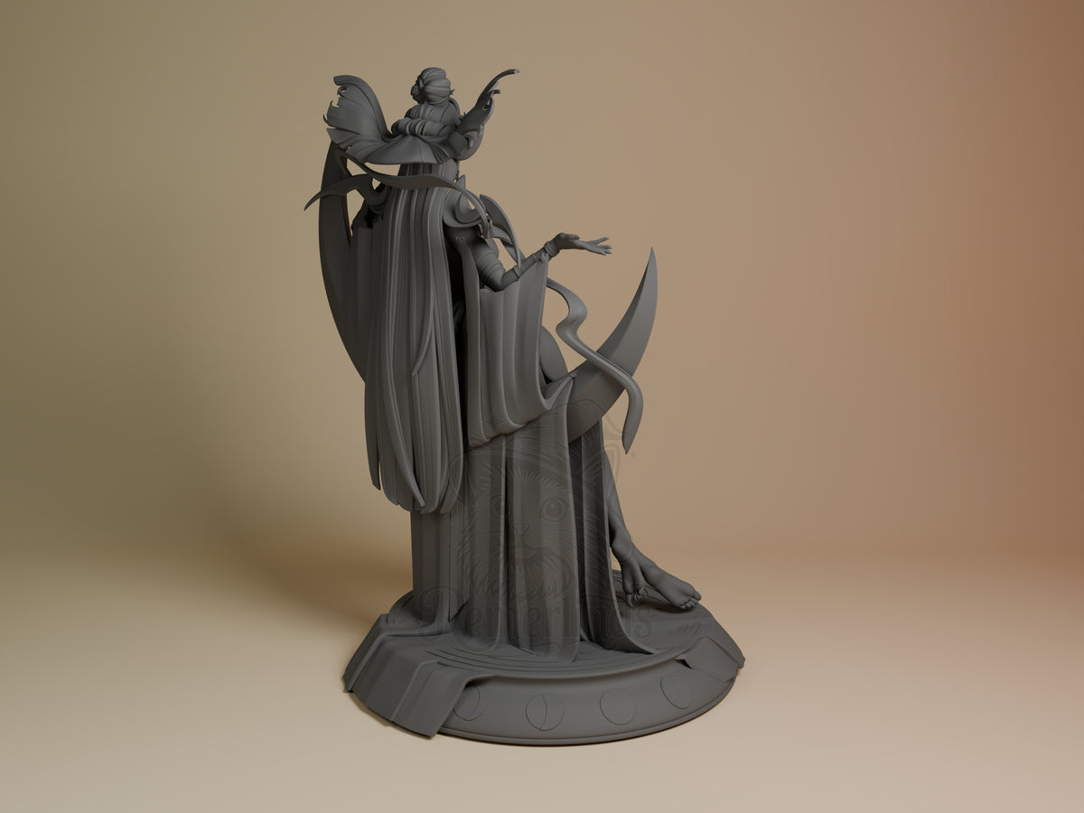 Nyx resin figure from Hades shown from behind, displaying layered robes, large wings, and serpentine forms, unpainted gray resin on decorative base.
