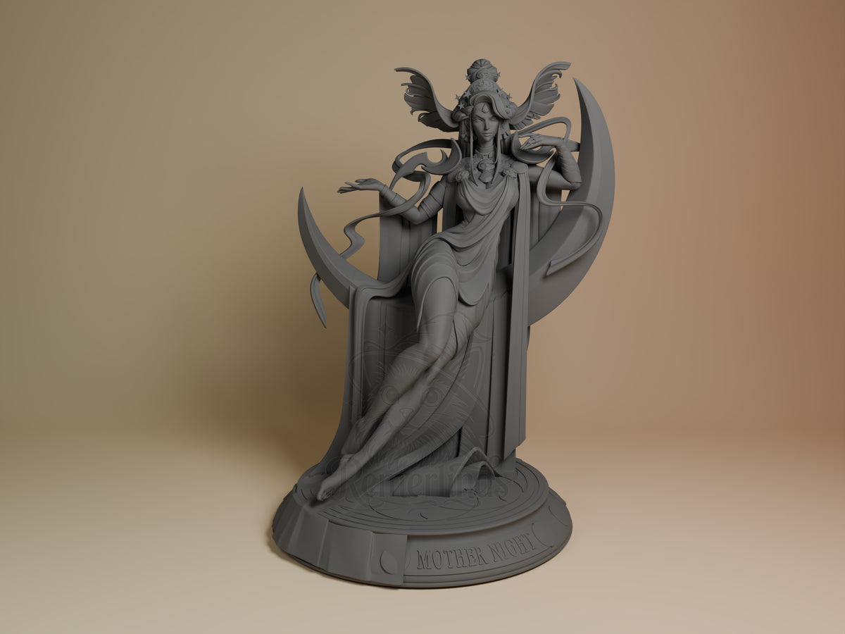 Nyx from Hades resin figure shown front-facing, unpainted gray, wings spread, flowing robe, holding scythe on circular base.