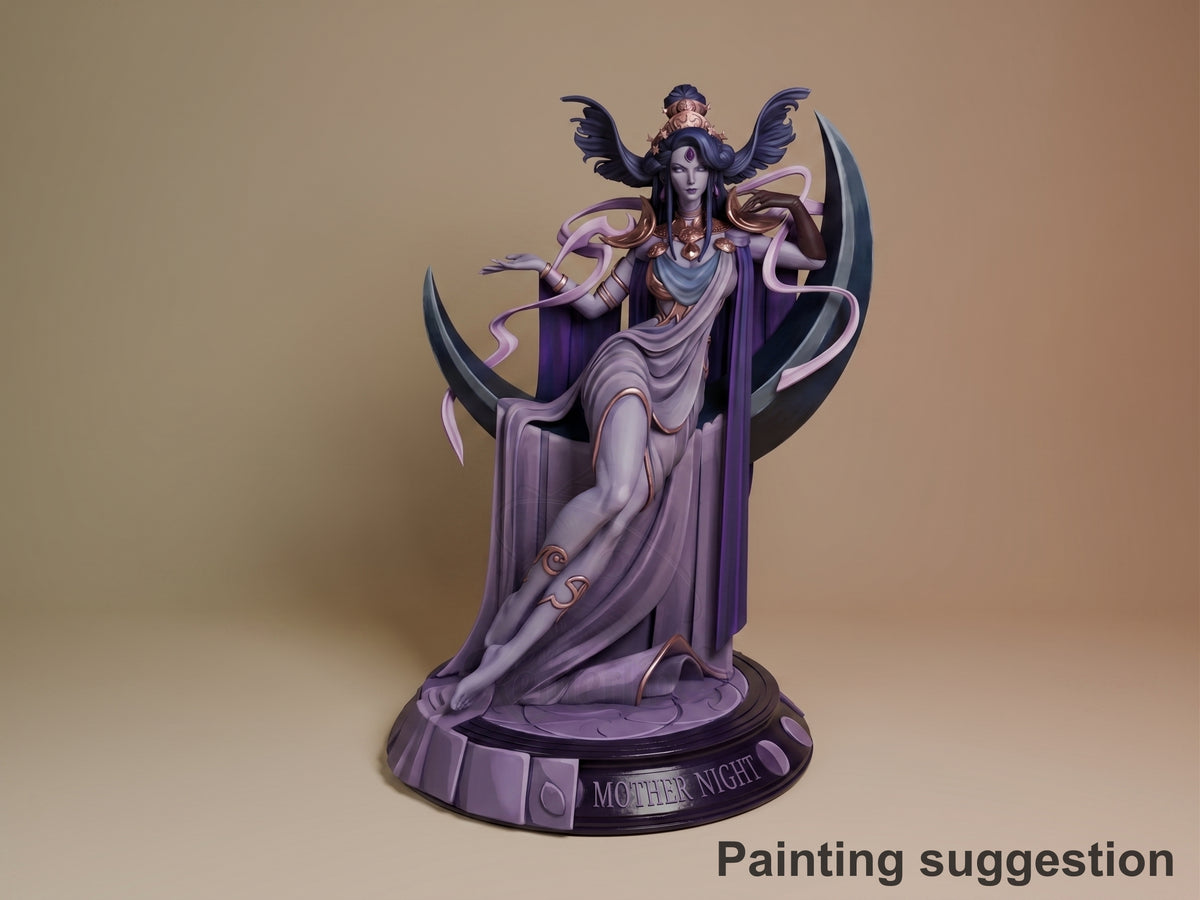 Nyx from Hades resin figure painted in purple tones, standing on circular base with wings spread, holding curved scythes, front-facing angle.