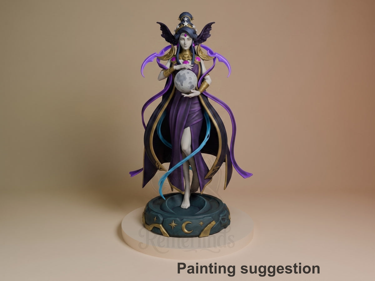 Painted Night Matron from Hades resin figure faces forward, holding a moon sphere above a sculpted base.