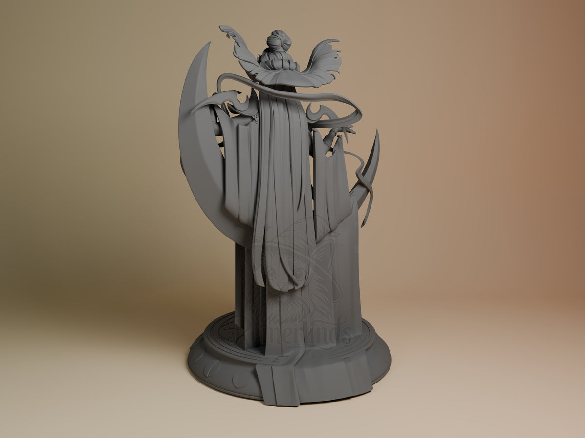 Nyx from Hades resin figure shown from left angle, unpainted gray, wings spread with draped robes, ornate base, 3D printed detail visible.