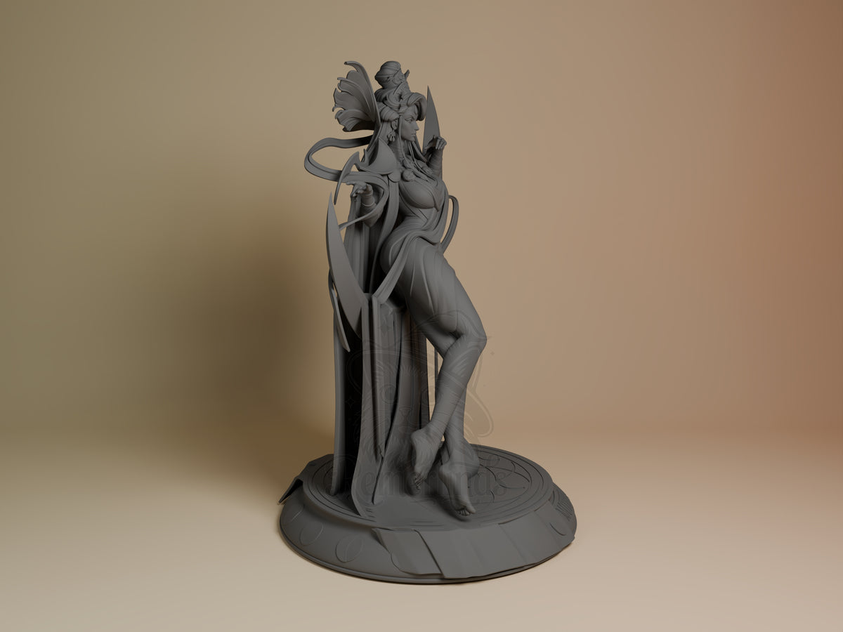 Nyx resin figure from Hades displayed at right angle, unpainted gray, standing posed with flowing robes and wings, small cherub atop, decorative base.