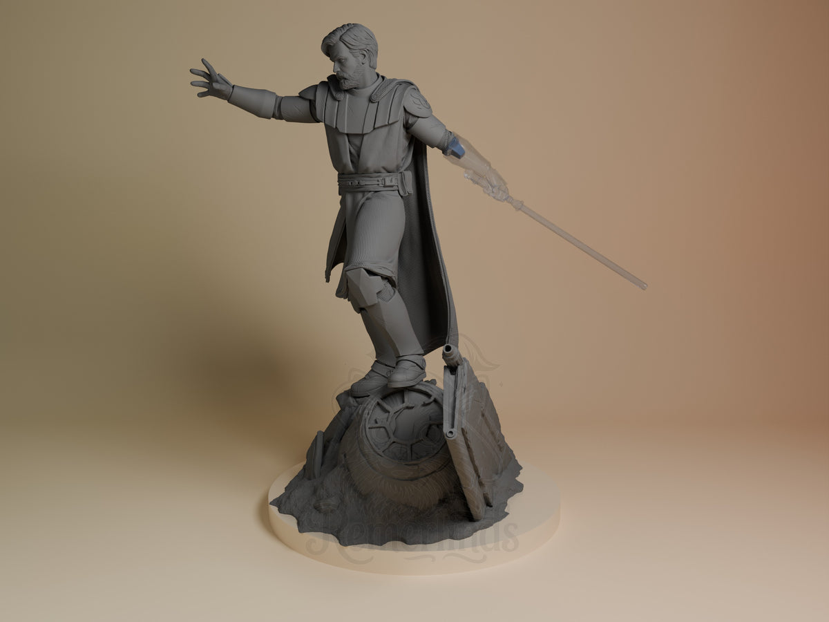 Desert Sage from Galaxy Wars resin figure shown unpainted in side angle with staff and sculpted base.